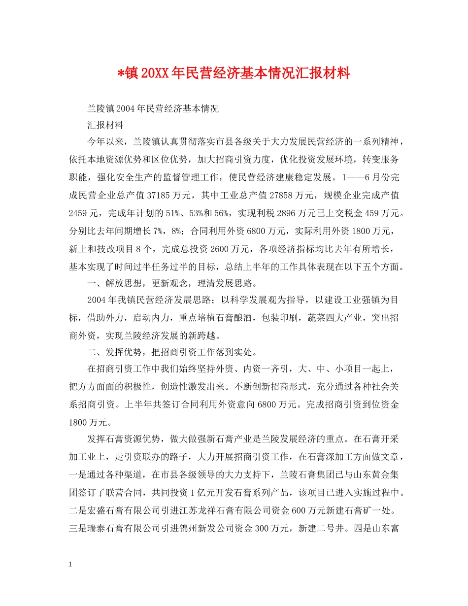 -镇20XX年民营经济基本情况汇报材料_第1页
