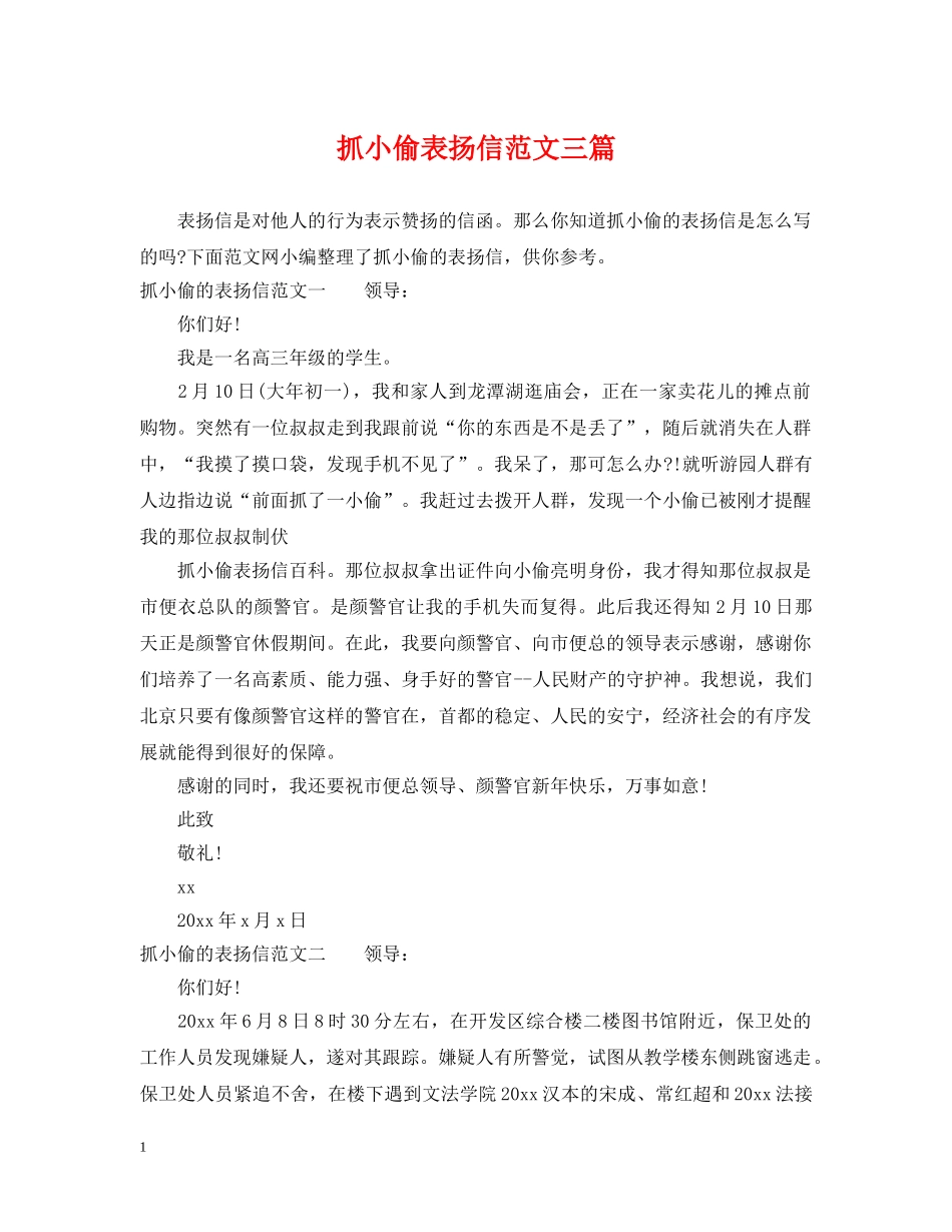 抓小偷表扬信范文三篇 _第1页