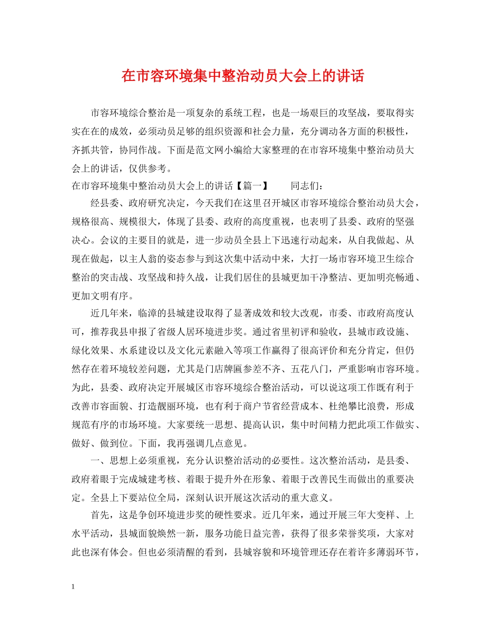 在市容环境集中整治动员大会上的讲话 _第1页