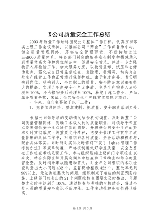 X公司质量安全工作总结 