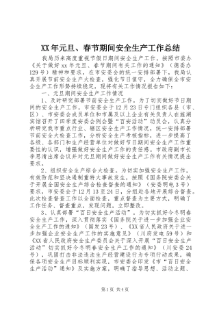 XX年元旦、春节期间安全生产工作总结 