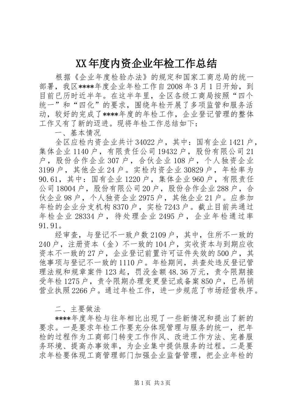 XX年度内资企业年检工作总结 _第1页