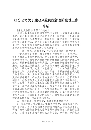 XX分公司关于廉政风险防控管理阶段性工作总结 