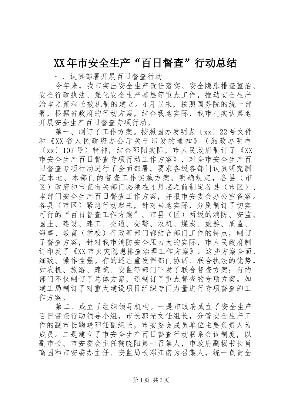 XX年市安全生产“百日督查”行动总结 _第1页