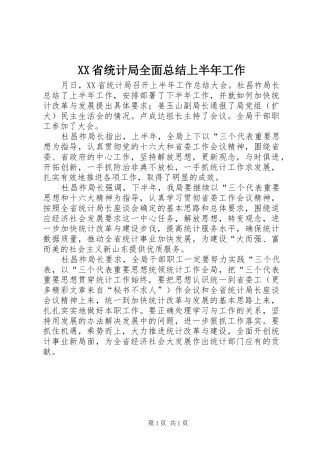 XX省统计局全面总结上半年工作 