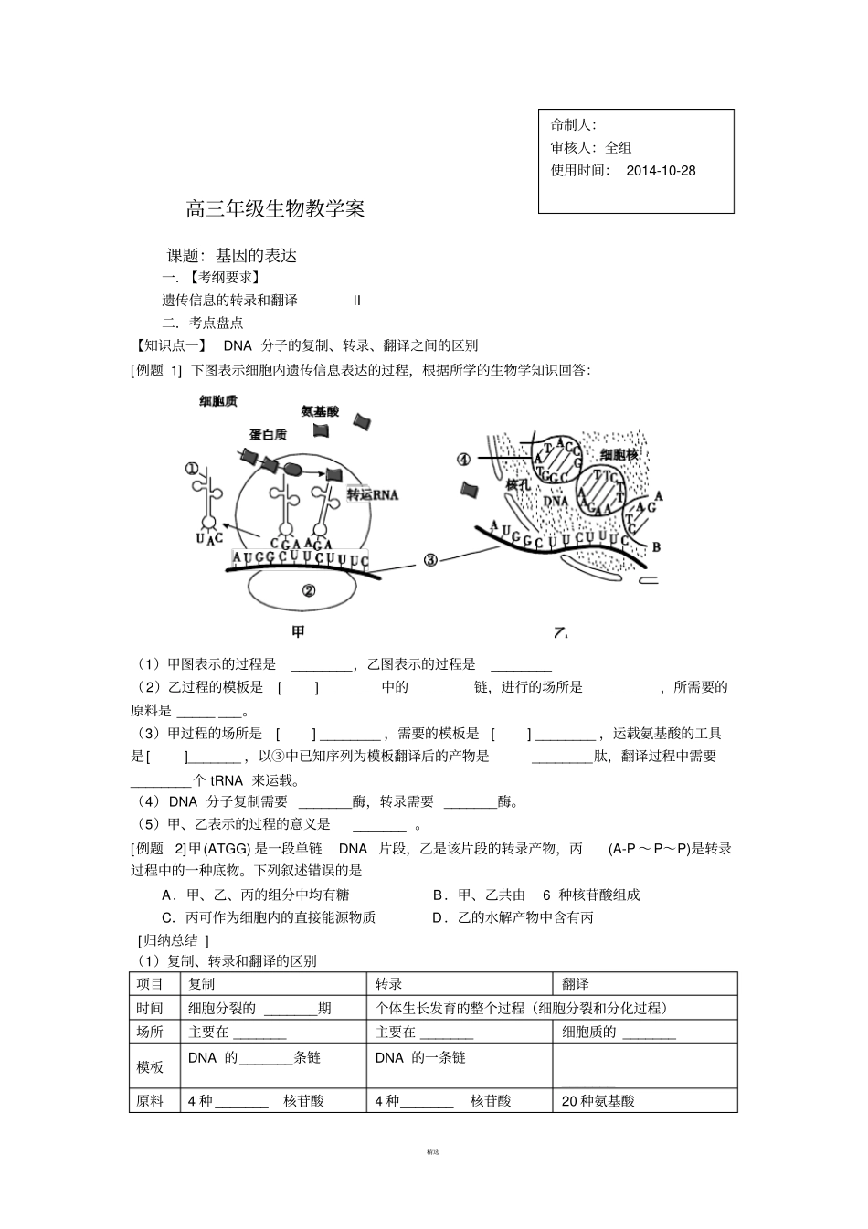基因的表达--一轮复习学案_第1页