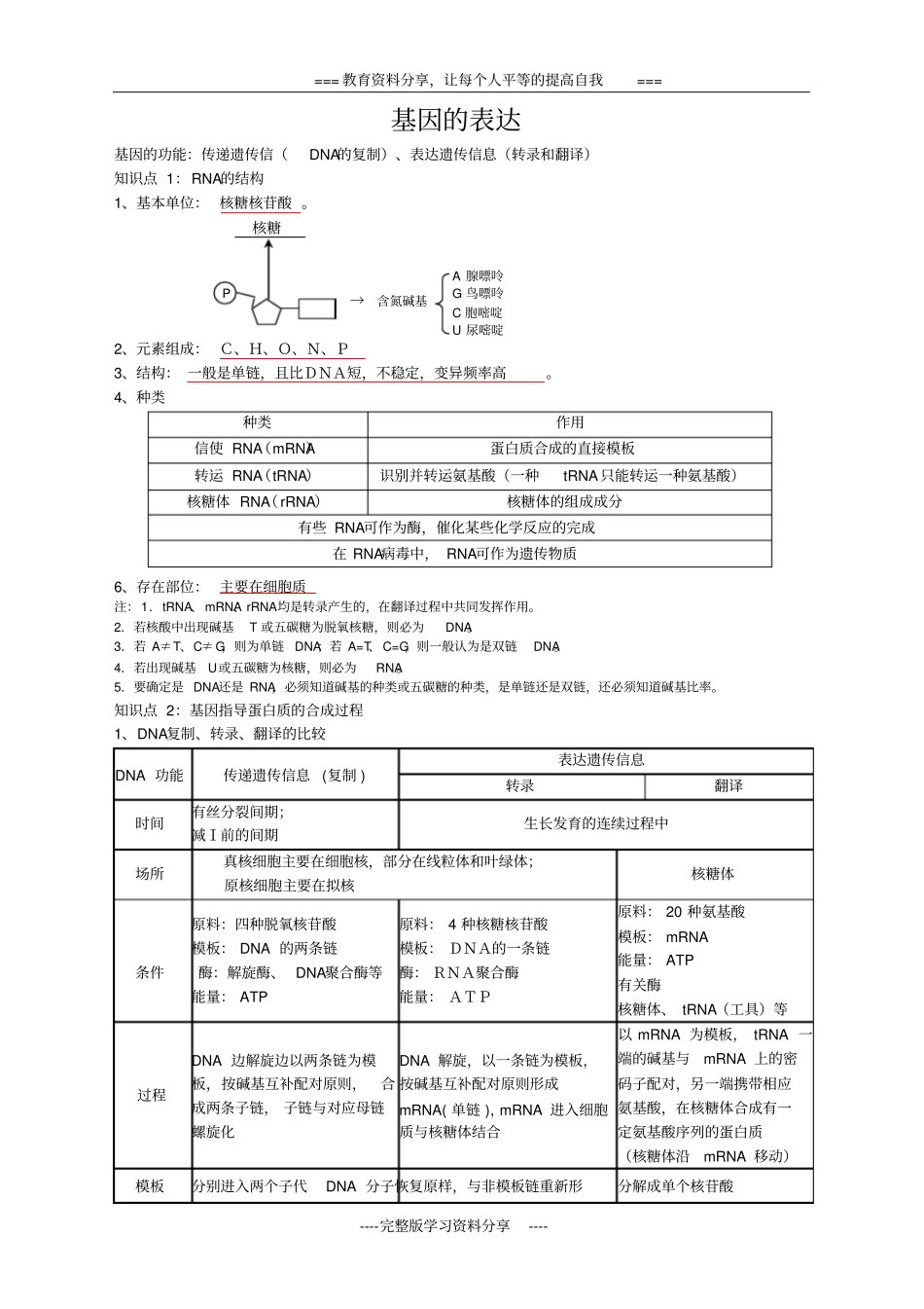 基因的表达一轮复习教学案教师版_第1页