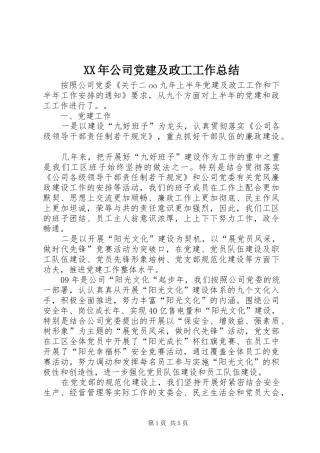 XX年公司党建及政工工作总结 