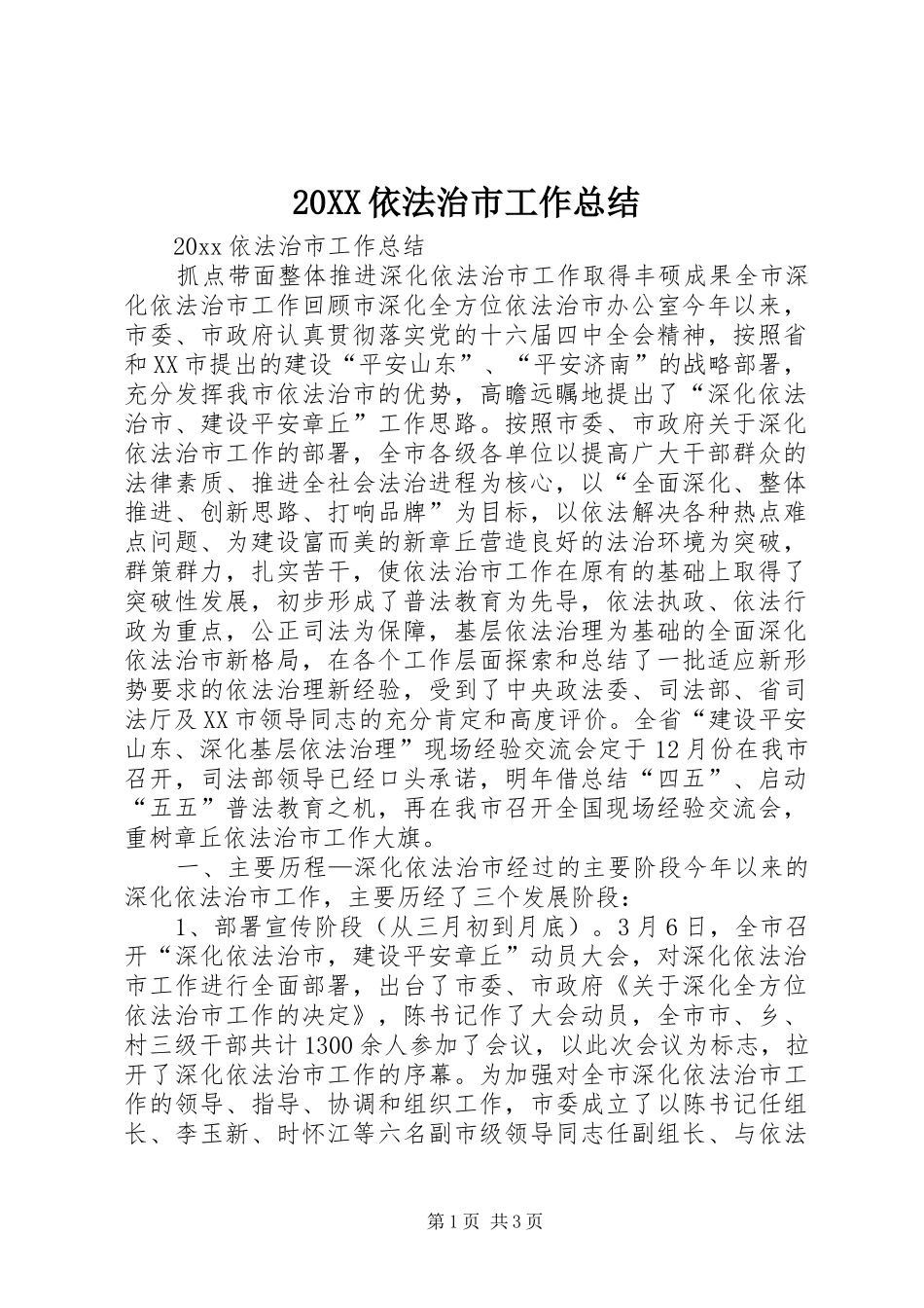 20XX依法治市工作总结_第1页
