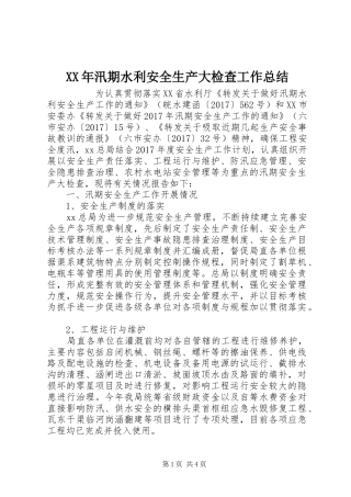 XX年汛期水利安全生产大检查工作总结 