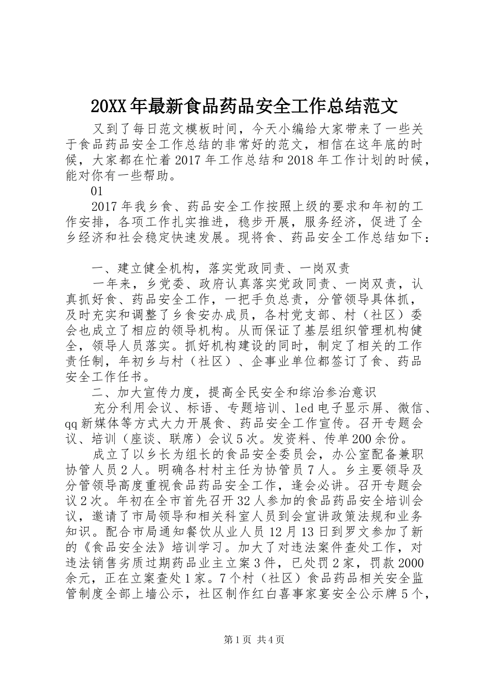 20XX年最新食品药品安全工作总结范文_第1页