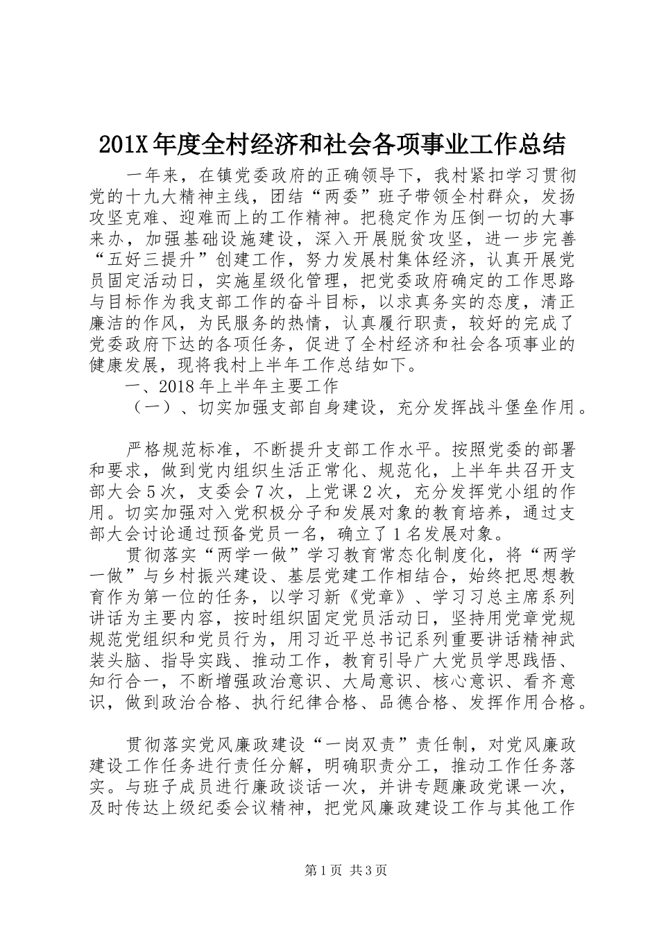 202X年度全村经济和社会各项事业工作总结_第1页