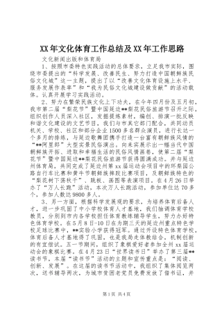 XX年文化体育工作总结及XX年工作思路 