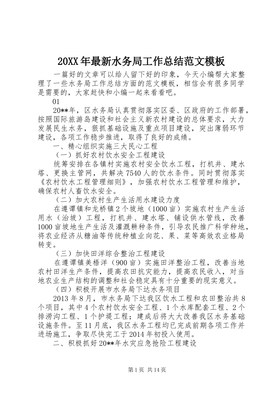 20XX年最新水务局工作总结范文模板_第1页