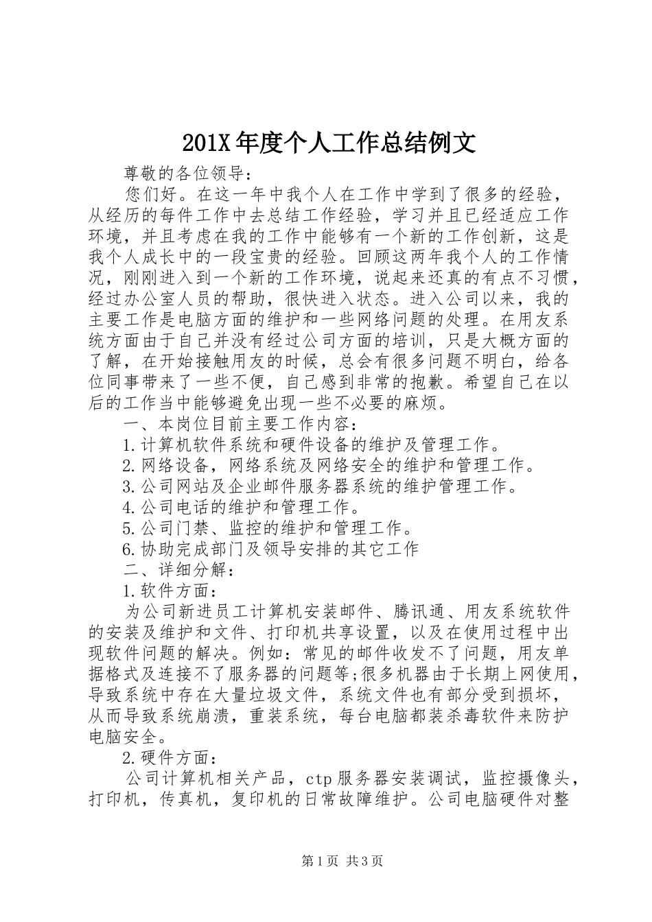202X年度个人工作总结例文_第1页