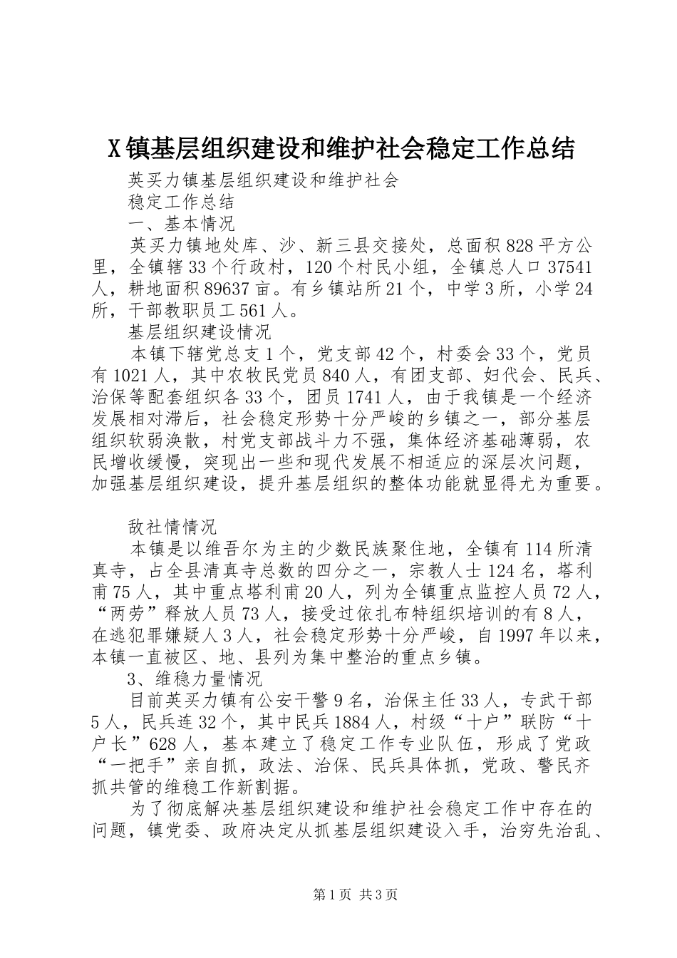 X镇基层组织建设和维护社会稳定工作总结 _第1页