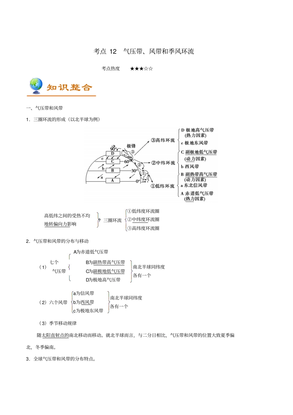 备战2019年高考地理考点一遍过专题12气压带、风带和季风环流_第1页