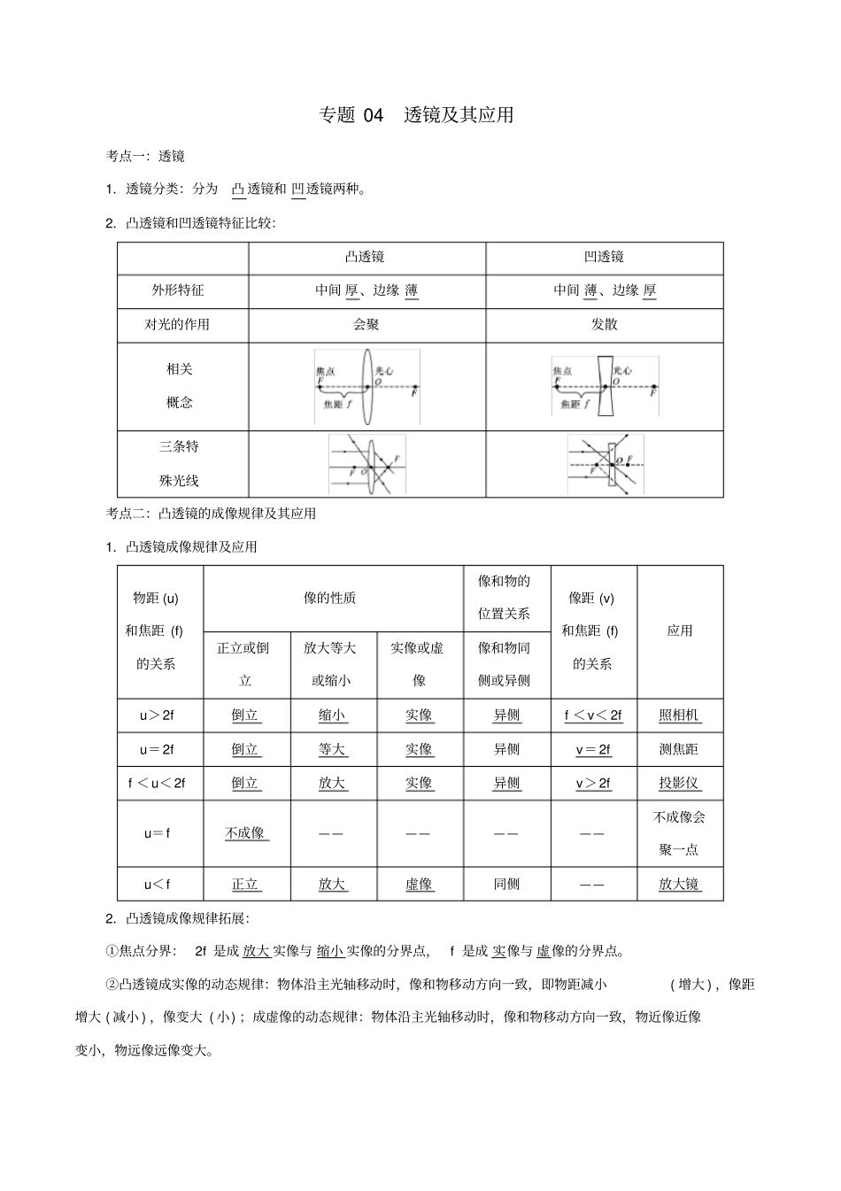 备考2019年中考物理知识点复习专练知识点精讲专题04透镜及其应用含解析_第1页