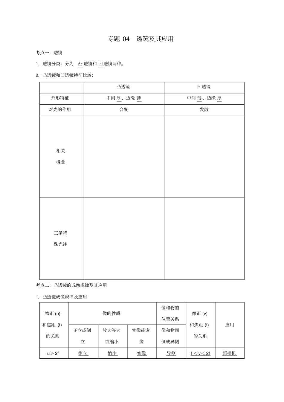 备考中考物理知识点复习专练知识点精讲专题04透镜及其应用含解析_第1页