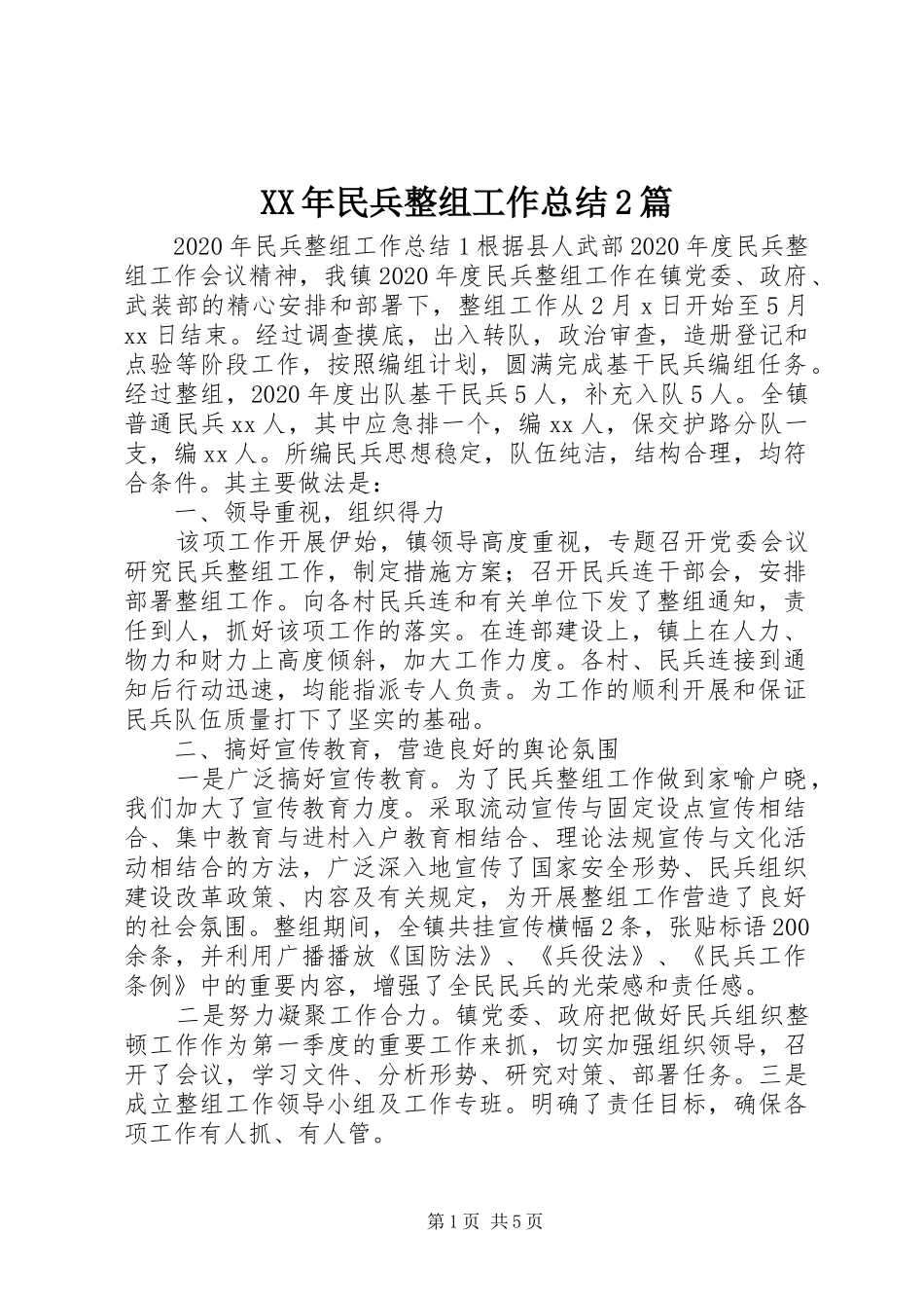 XX年民兵整组工作总结2篇_第1页