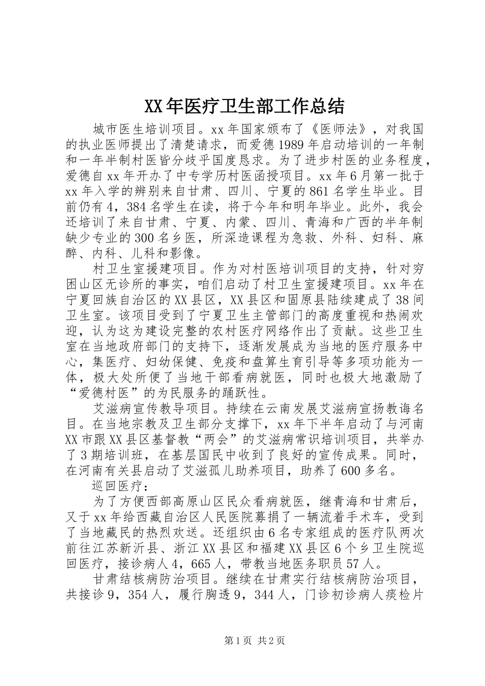 XX年医疗卫生部工作总结 _第1页