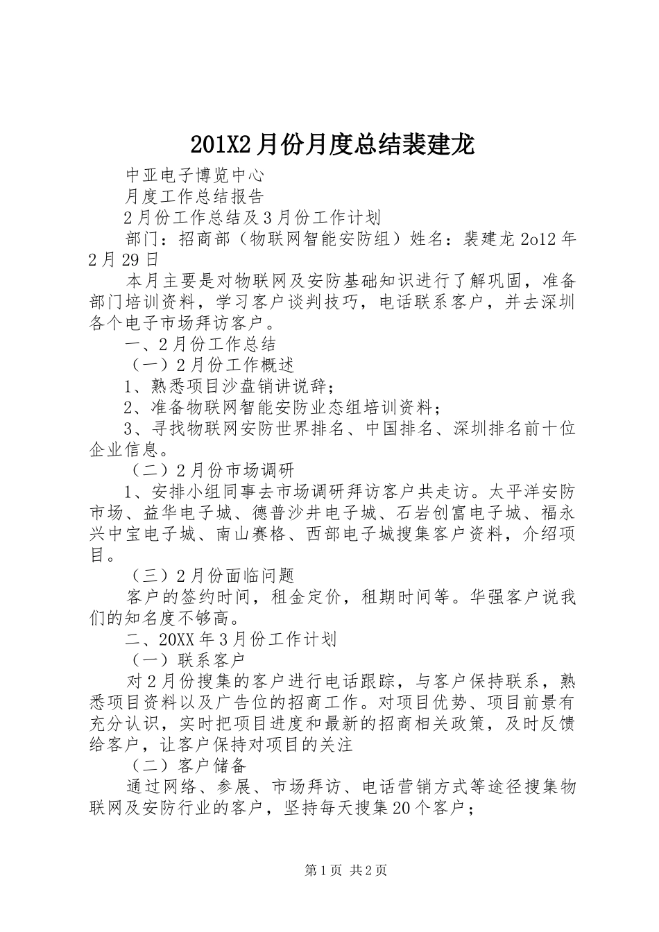 202X2月份月度总结裴建龙_第1页