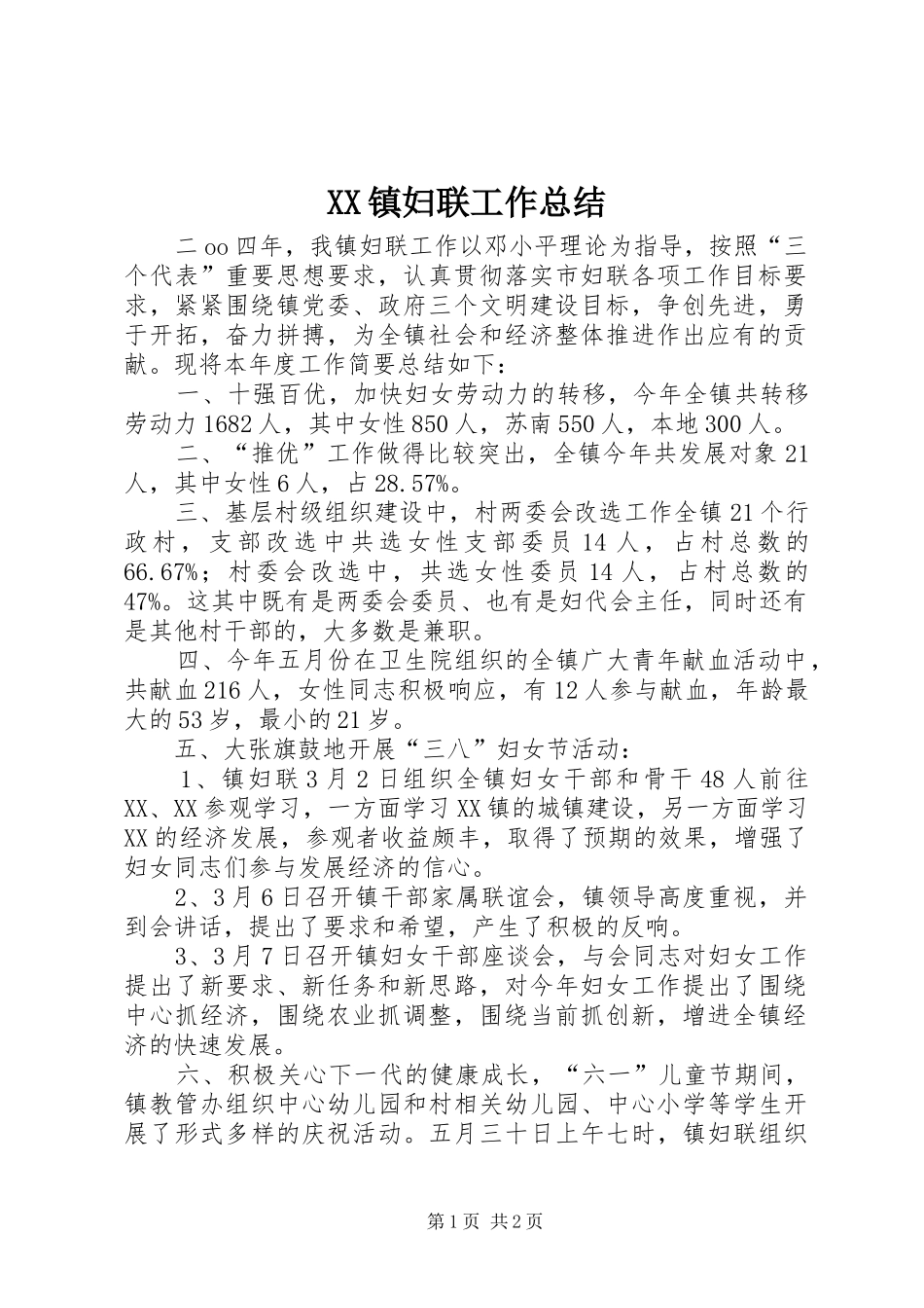 XX镇妇联工作总结 _第1页