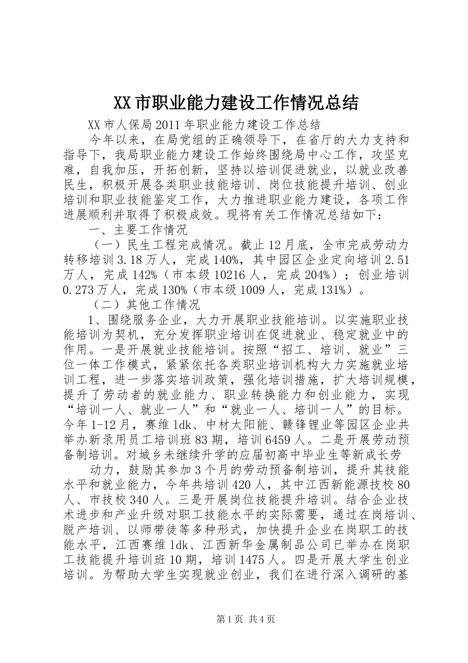 XX市职业能力建设工作情况总结 _第1页