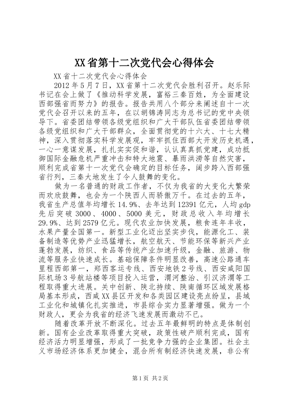 XX省第十二次党代会体会心得_第1页