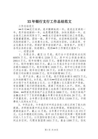 XX年银行支行工作总结范文 