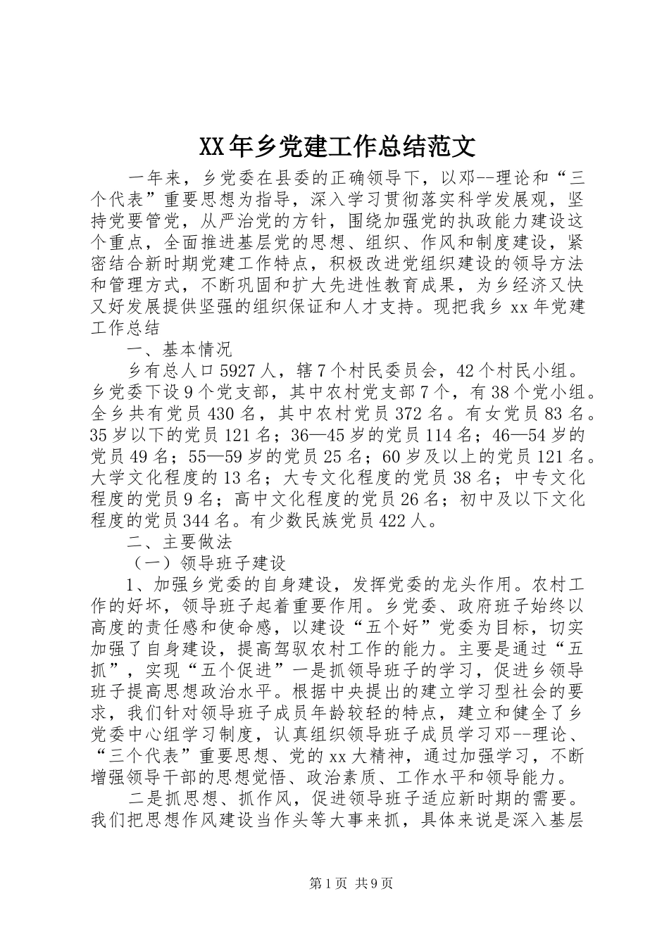 XX年乡党建工作总结范文 _第1页