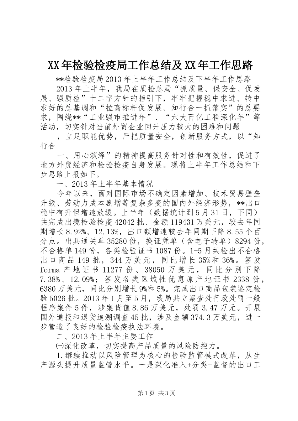 XX年检验检疫局工作总结及XX年工作思路 _第1页