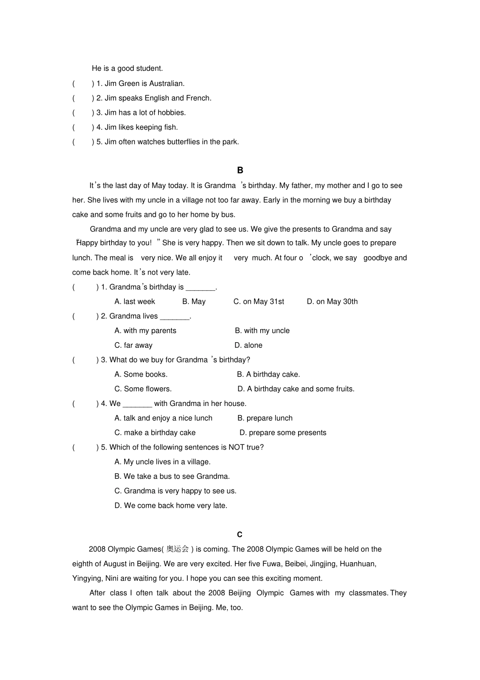 外研社杯希望之星英语风采大赛初赛笔试题小学高年级组_第3页