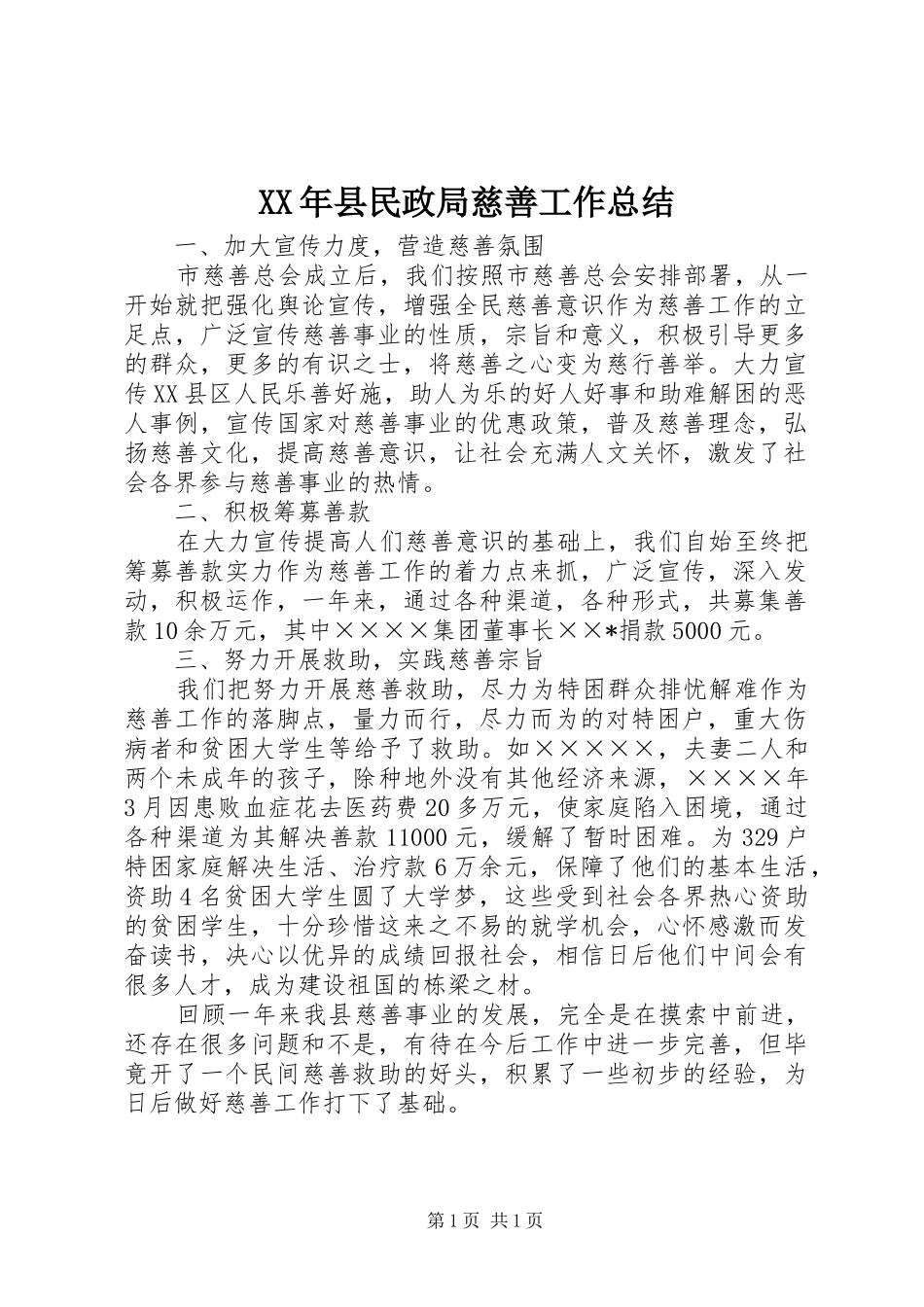 XX年县民政局慈善工作总结 _第1页