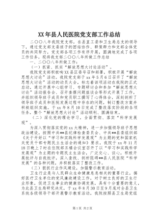 XX年县人民医院党支部工作总结 
