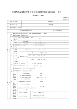 多层及高层钢结构安装工程检验批质量验收记录表表一