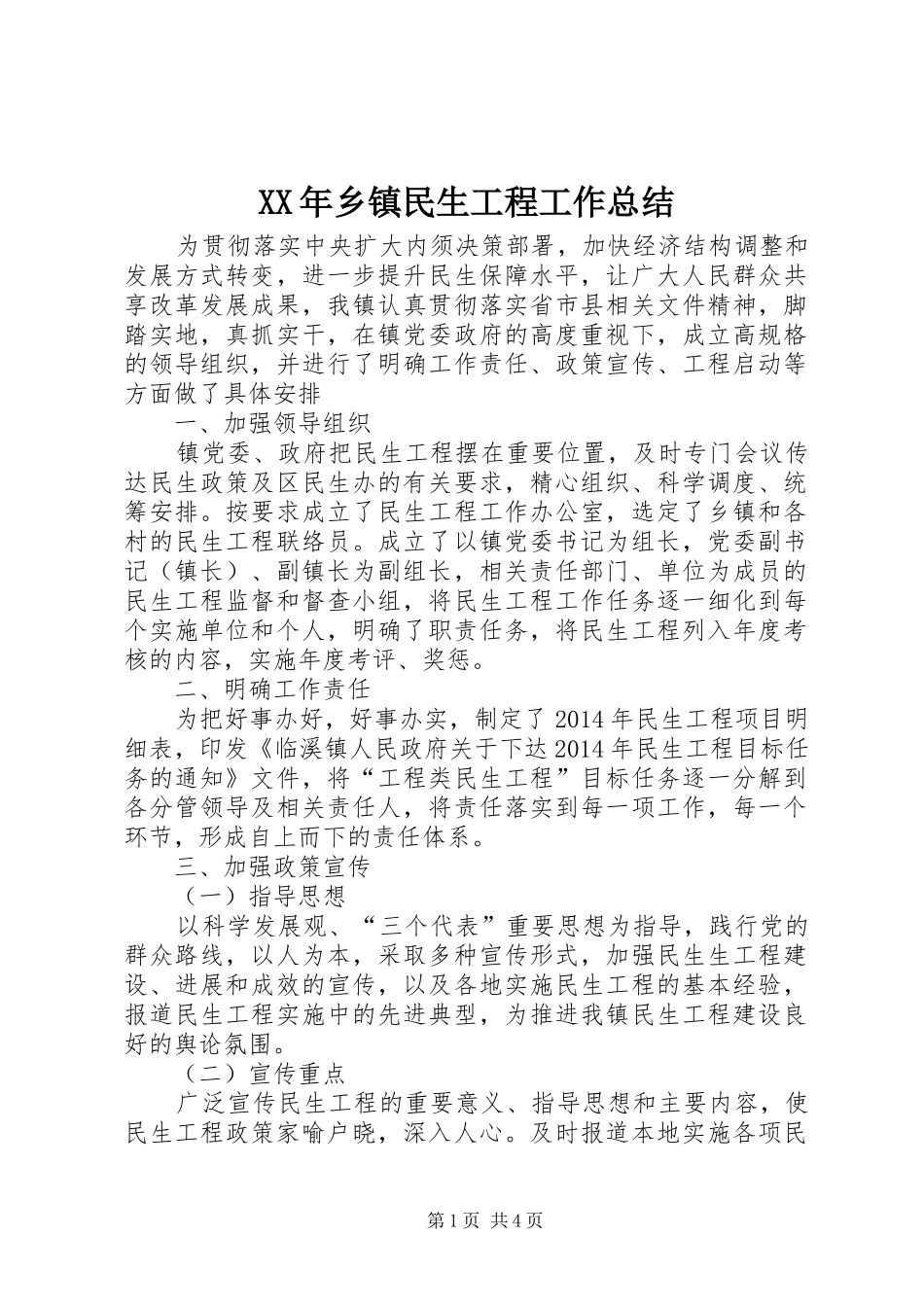 XX年乡镇民生工程工作总结 _第1页