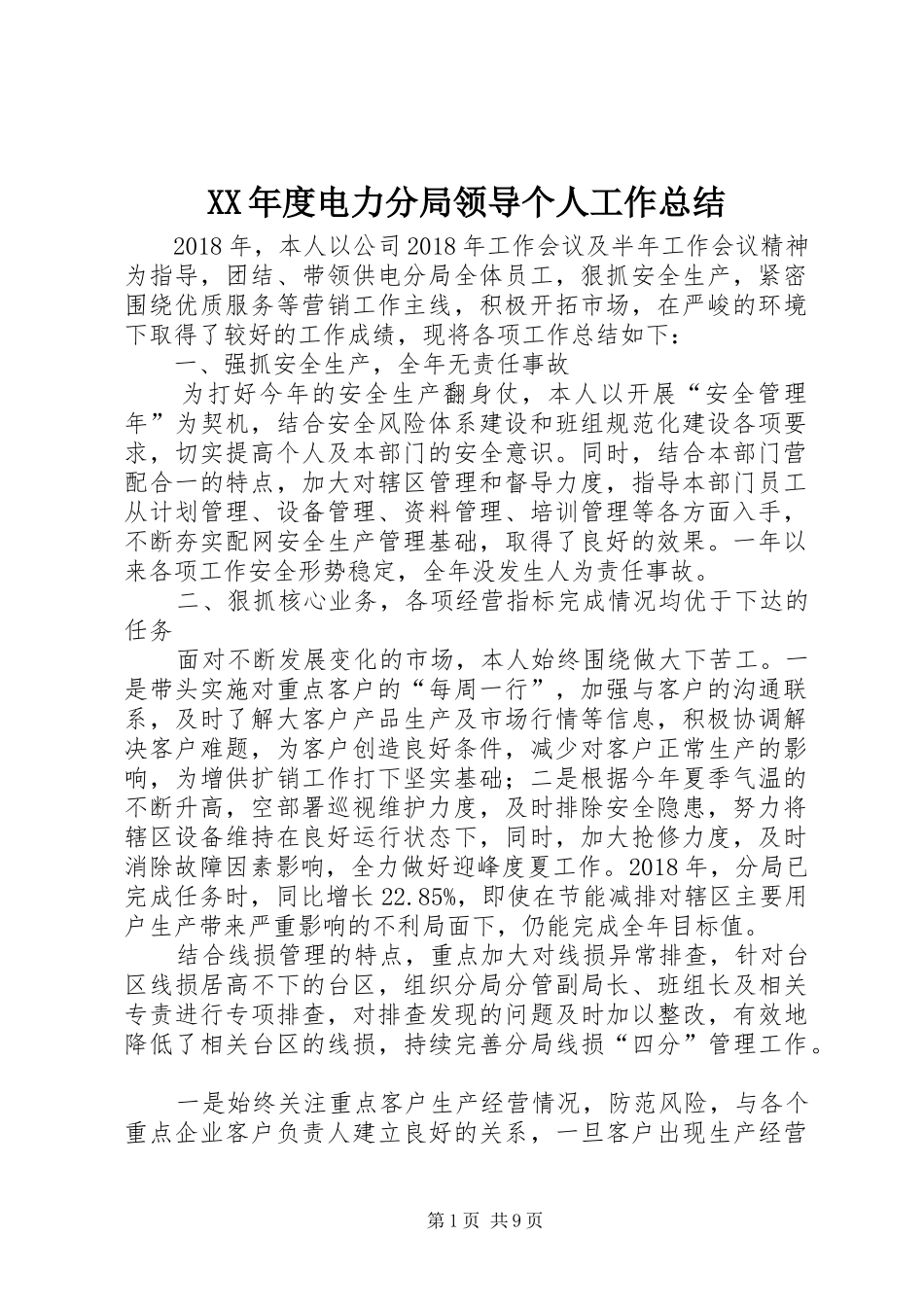 XX年度电力分局领导个人工作总结 _第1页