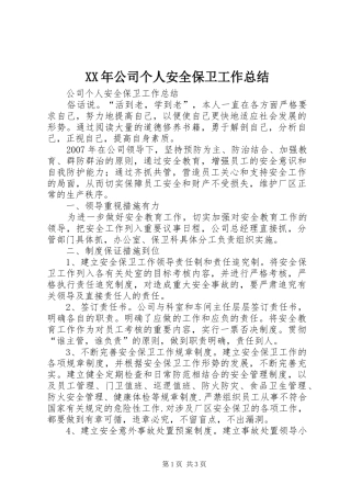 XX年公司个人安全保卫工作总结 