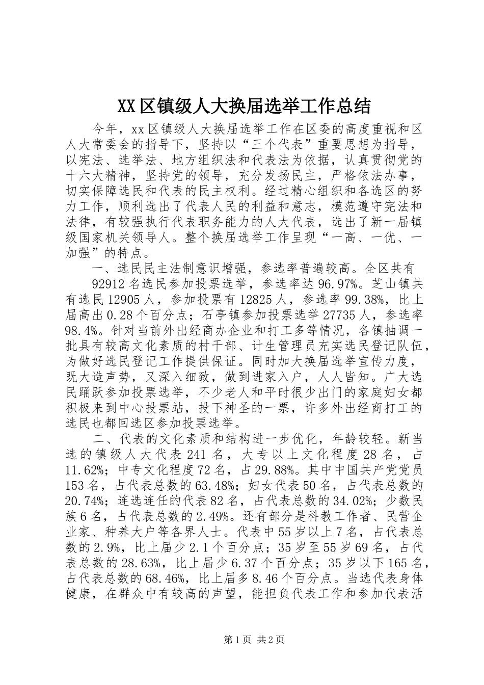XX区镇级人大换届选举工作总结 _第1页