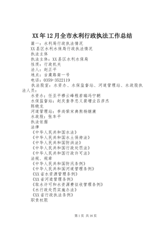 XX年12月全市水利行政执法工作总结 