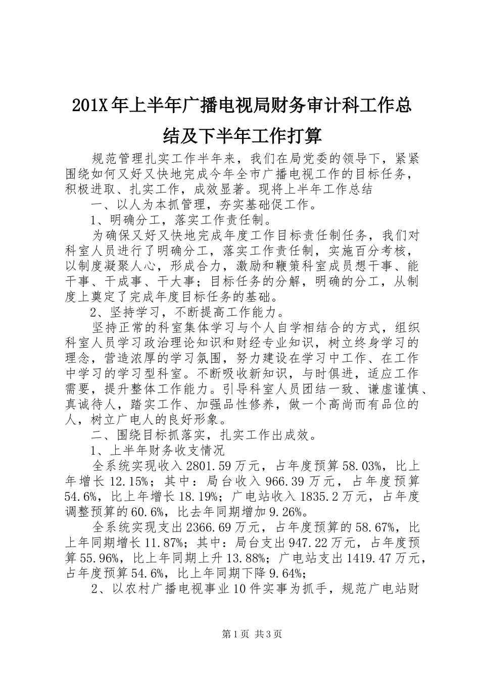 202X年上半年广播电视局财务审计科工作总结及下半年工作打算_第1页
