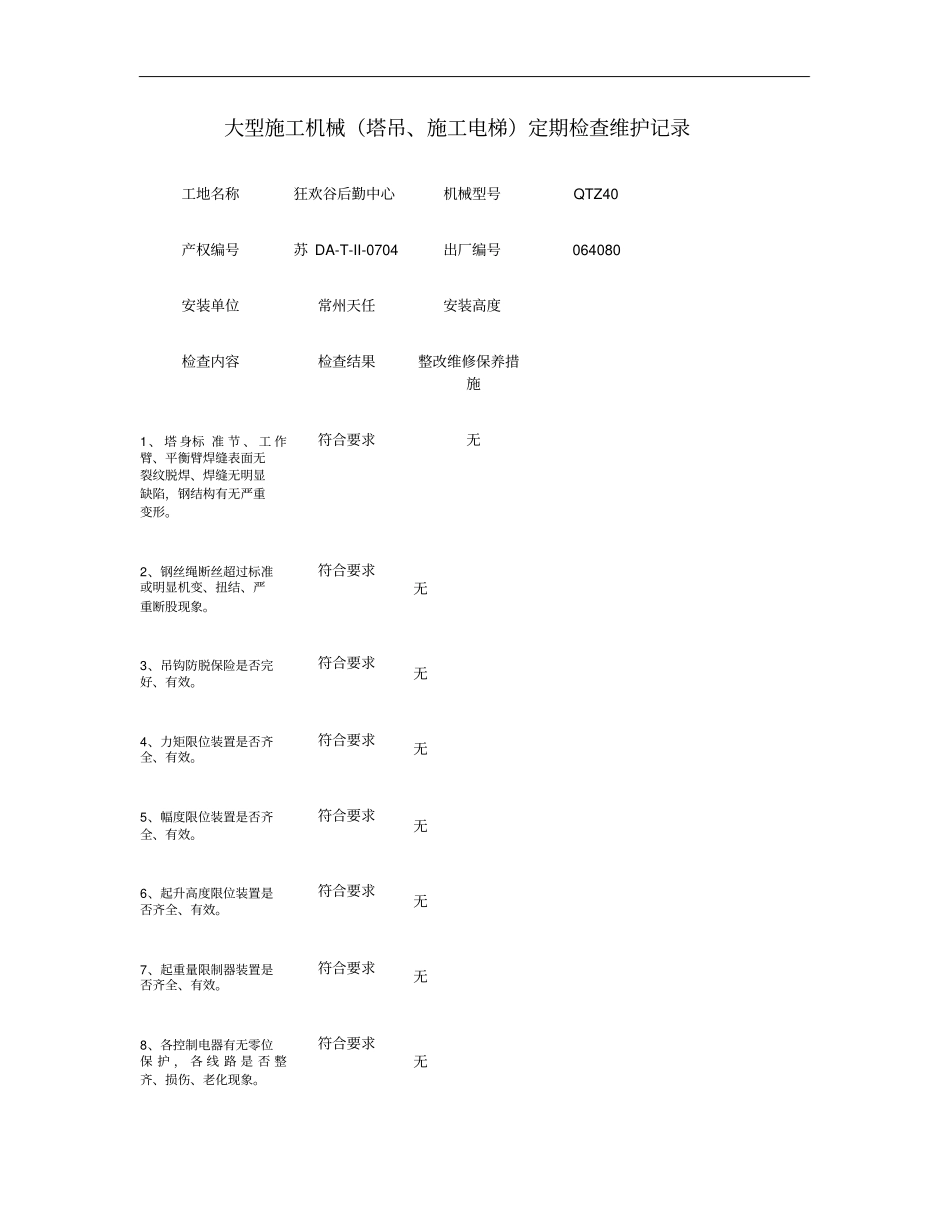 大型施工机械塔吊、施工电梯定期检查维护记录_第1页