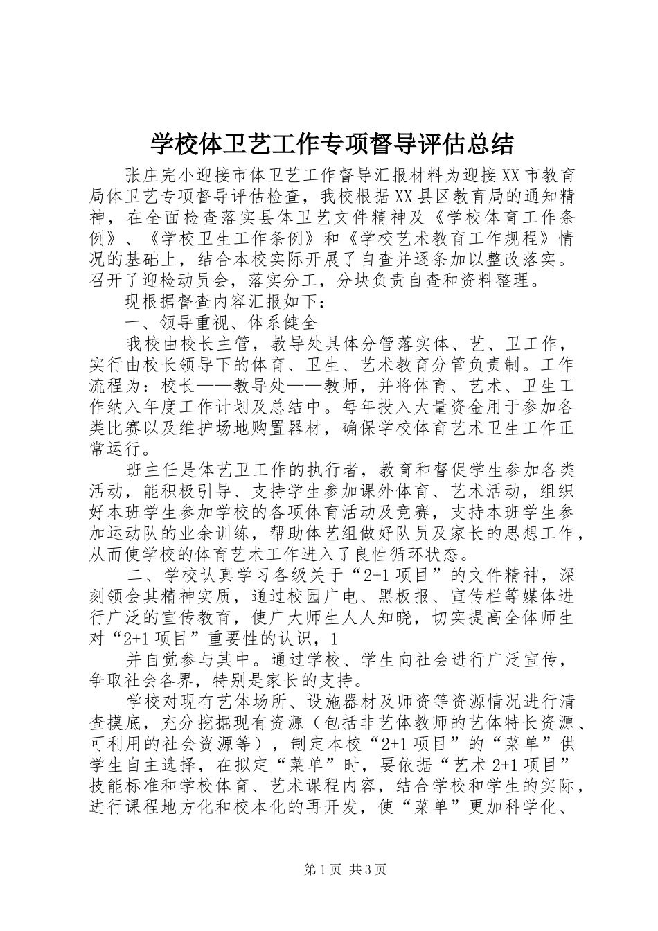学校体卫艺工作专项督导评估总结 _第1页