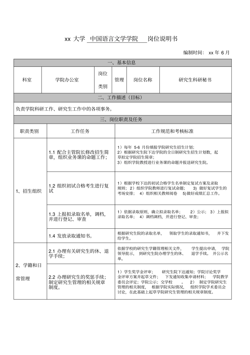 大学中国语言文学学院岗位说明书_第1页