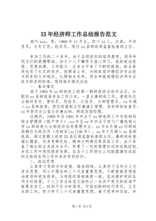 XX年经济师工作总结报告范文 