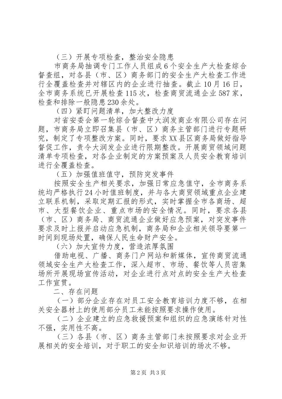 20XX年最新商贸流通领域安全生产大检查工作总结范文模板大全_第2页