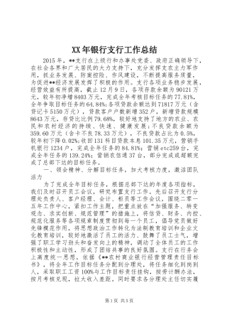 XX年银行支行工作总结 