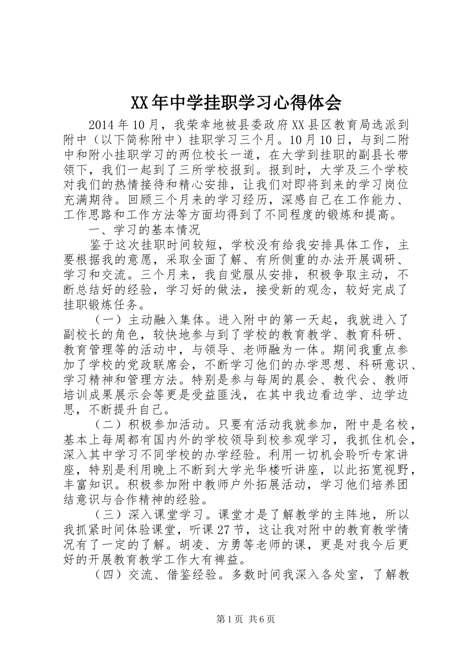 XX年中学挂职学习体会心得_第1页