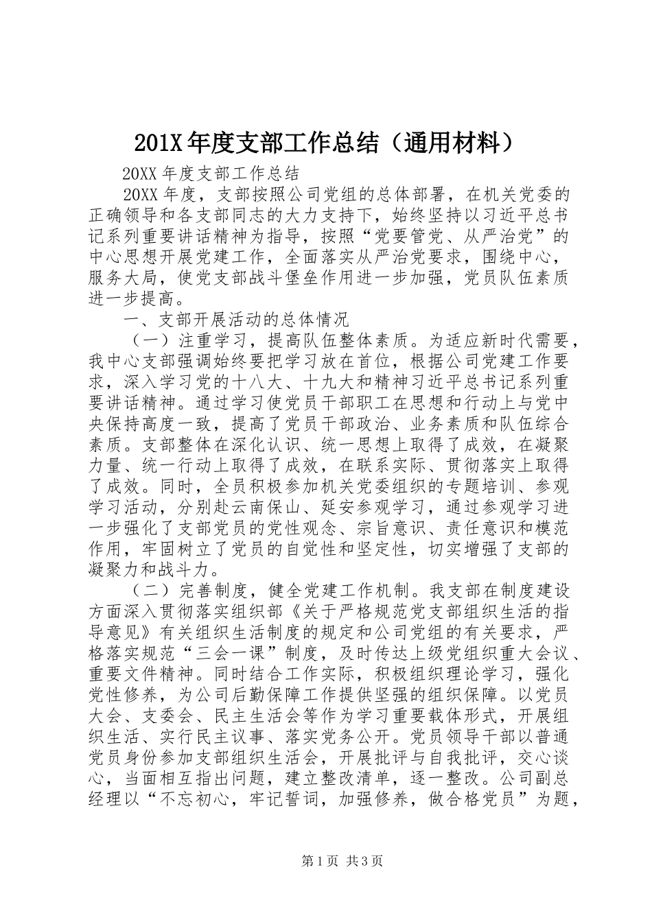 202X年度支部工作总结（通用材料）_第1页